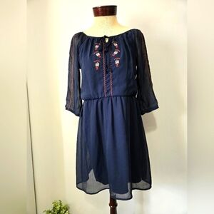 RUBY ROX Navy Blue Aztec Embroidered Midi Dress. Size Small